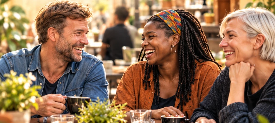 Three people enjoying a warm conversation around a café table